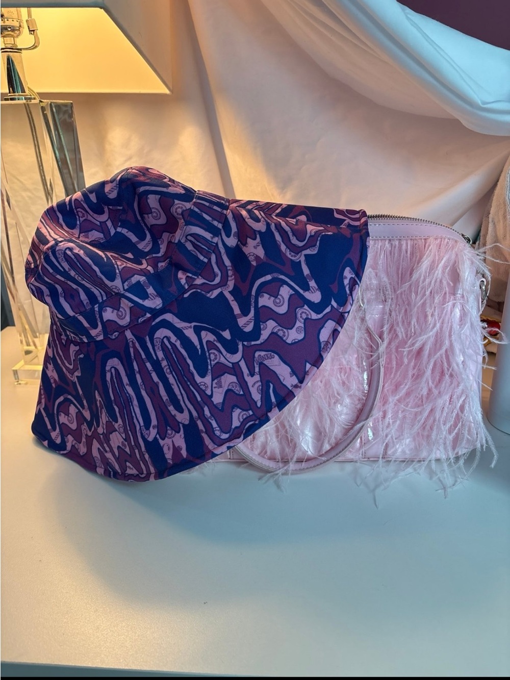 Dolls Kill Purple/Pink Patterned Bucket Hat and Pink Feather Bag Set